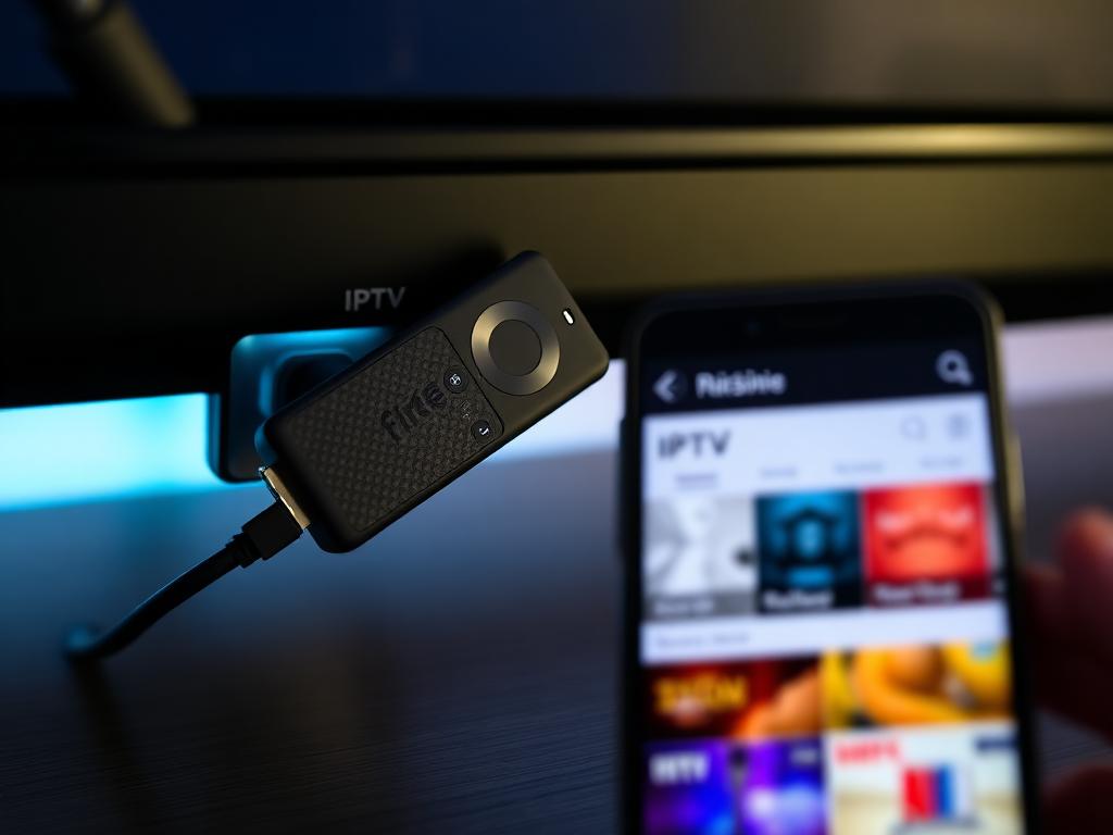 Fire TV Stick branché sur une TV avec smartphone affichant une application IPTV