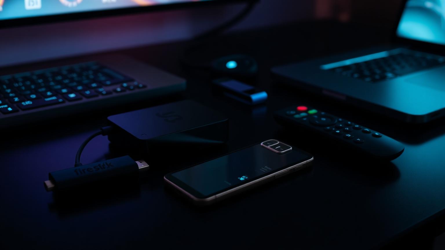 Installation IPTV en 2026 — Fire Stick, smartphone, télécommande et box streaming sur fond sombre