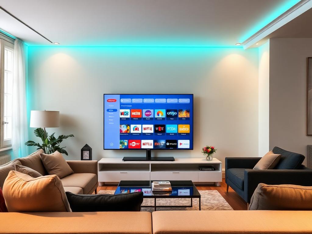 Samsung Smart TV affichant une grille de chaînes IPTV dans un salon moderne