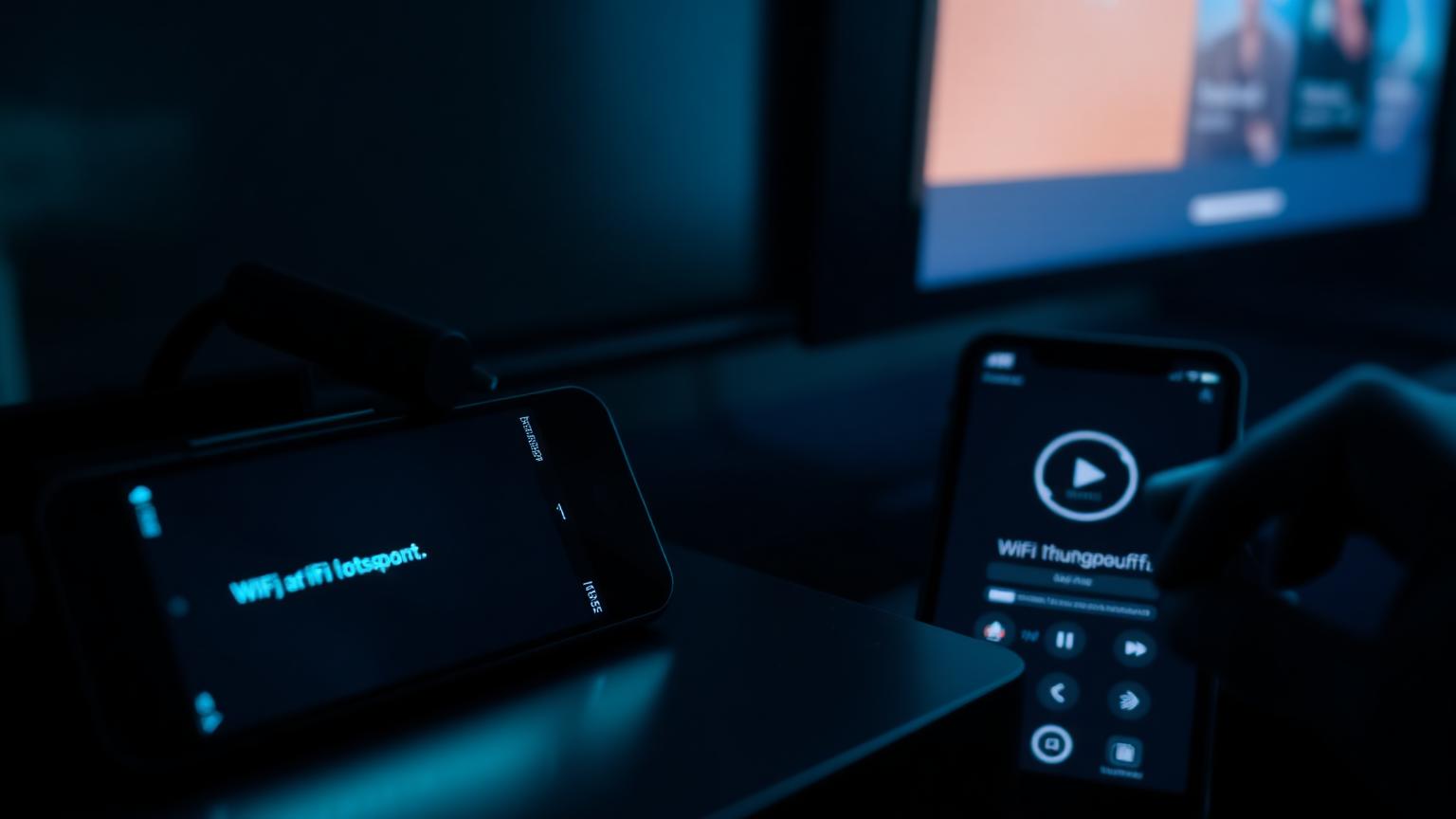 Amazon Fire TV Stick plugged into a TV with two smartphones showing WiFi hotspot and Fire TV remote app