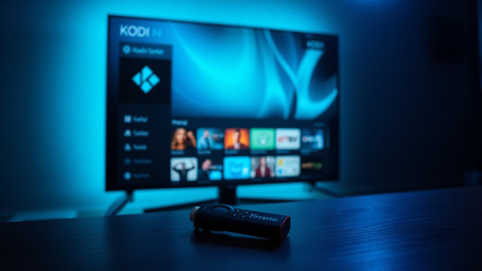 Kodi 21.3 Omega media center running on Amazon Firestick with TV displaying movie library and Firestick remote in foreground