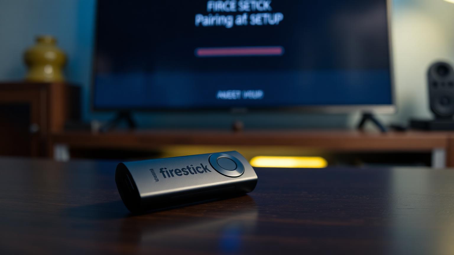 Amazon Firestick remote with glowing blue pairing LED in front of smart TV