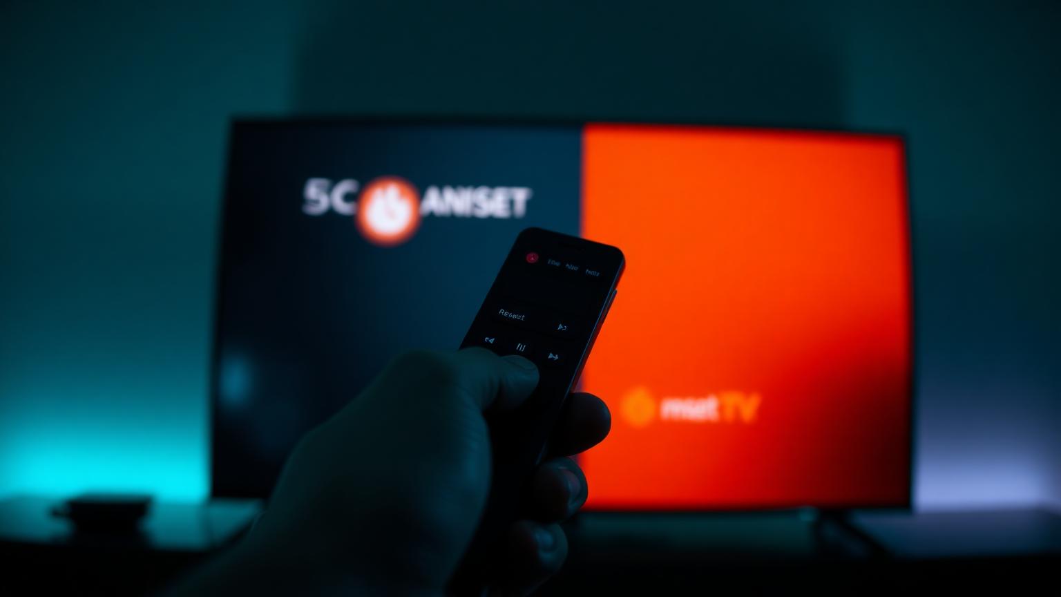 Hand pressing reset button combination on Amazon Firestick Alexa Voice Remote with glowing orange LED