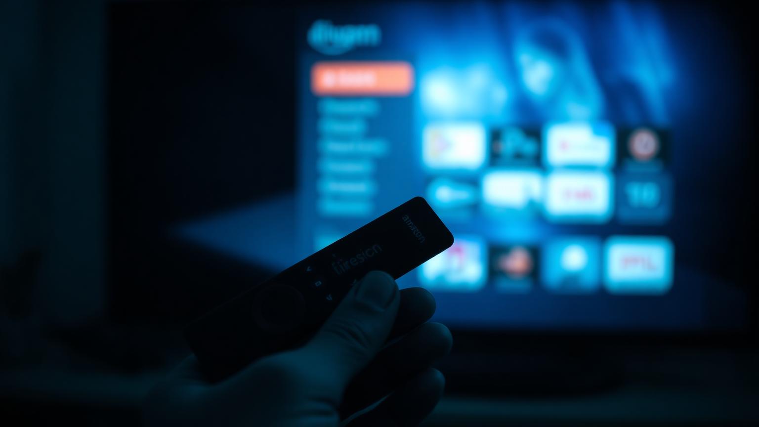 Hand holding an Amazon Fire TV Stick with smart TV Fire OS home screen blurred in the background