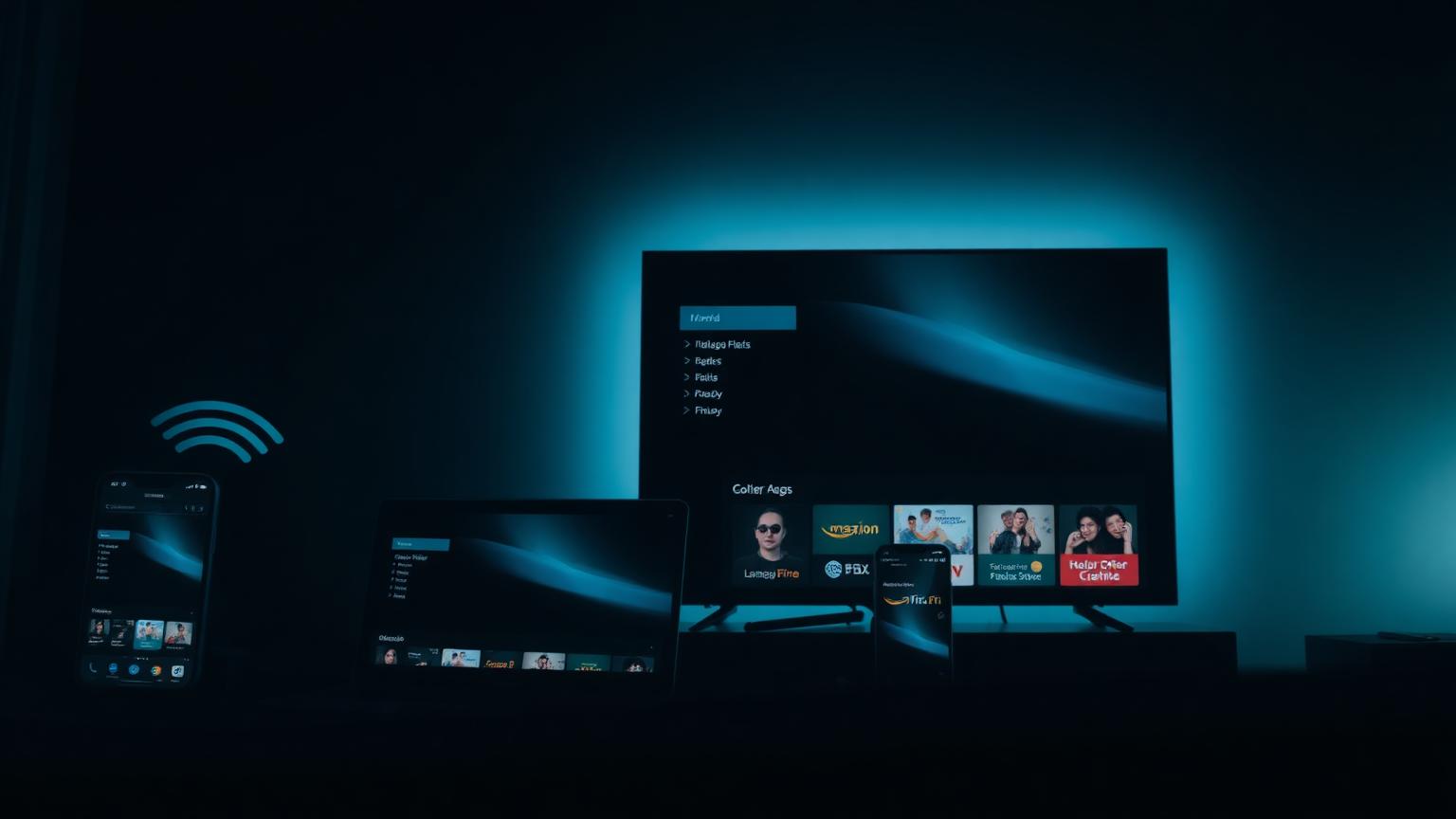 Phone, laptop and iPhone screens mirrored wirelessly to a TV with Amazon Fire TV interface