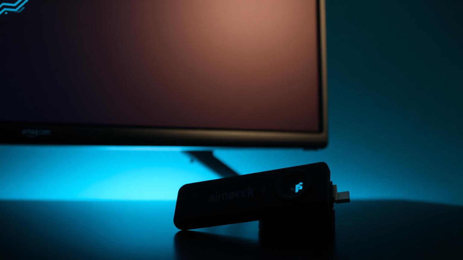 Amazon Firestick next to a TV showing a Fire OS system update progress bar