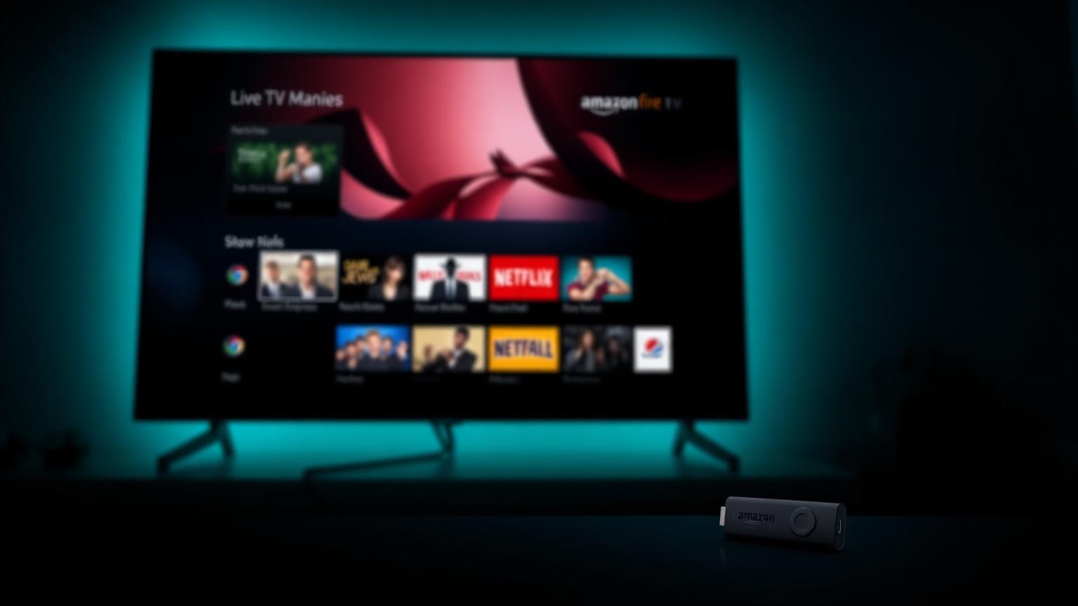 Amazon Fire TV Stick connected to a TV showing a live TV interface with channel tiles