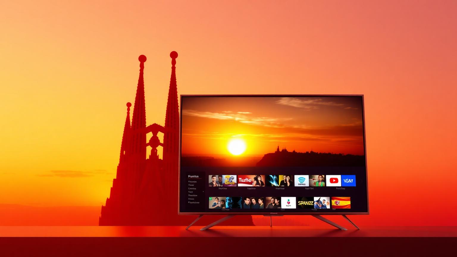 Sagrada Familia y televisor mostrando canales IPTV españoles