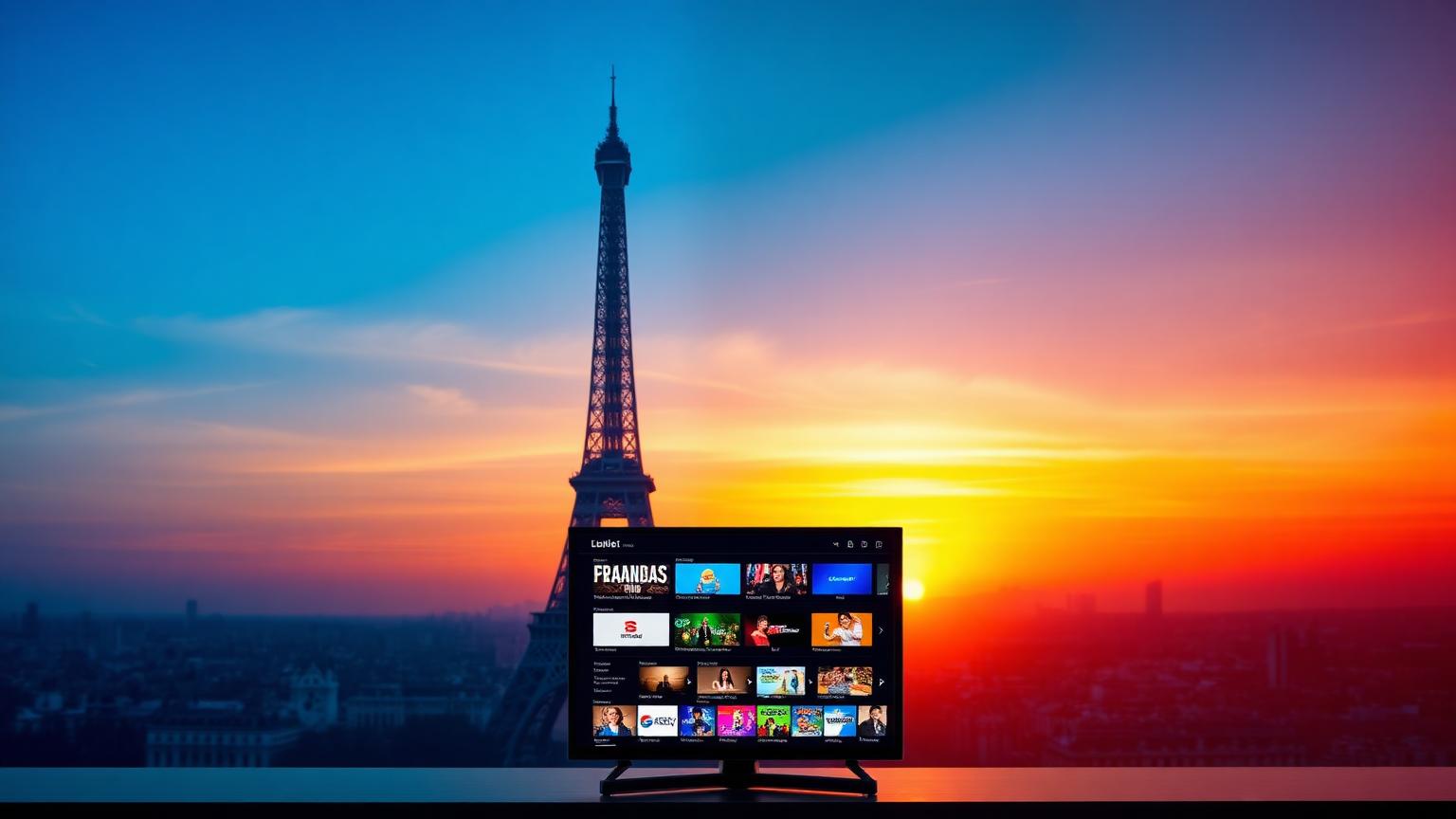 Tour Eiffel et téléviseur affichant des chaînes IPTV françaises