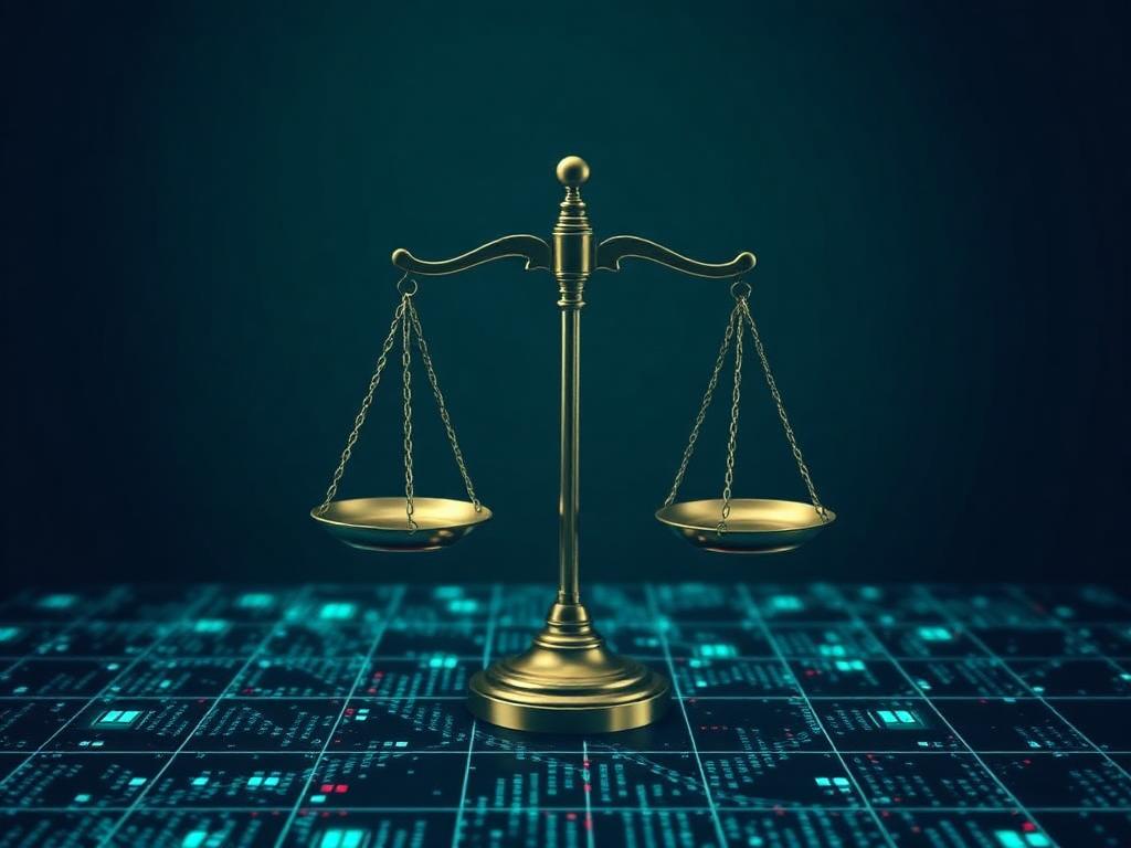 Cadre juridique français — balance de la justice sur une grille numérique représentant la régulation IPTV par l'ARCOM