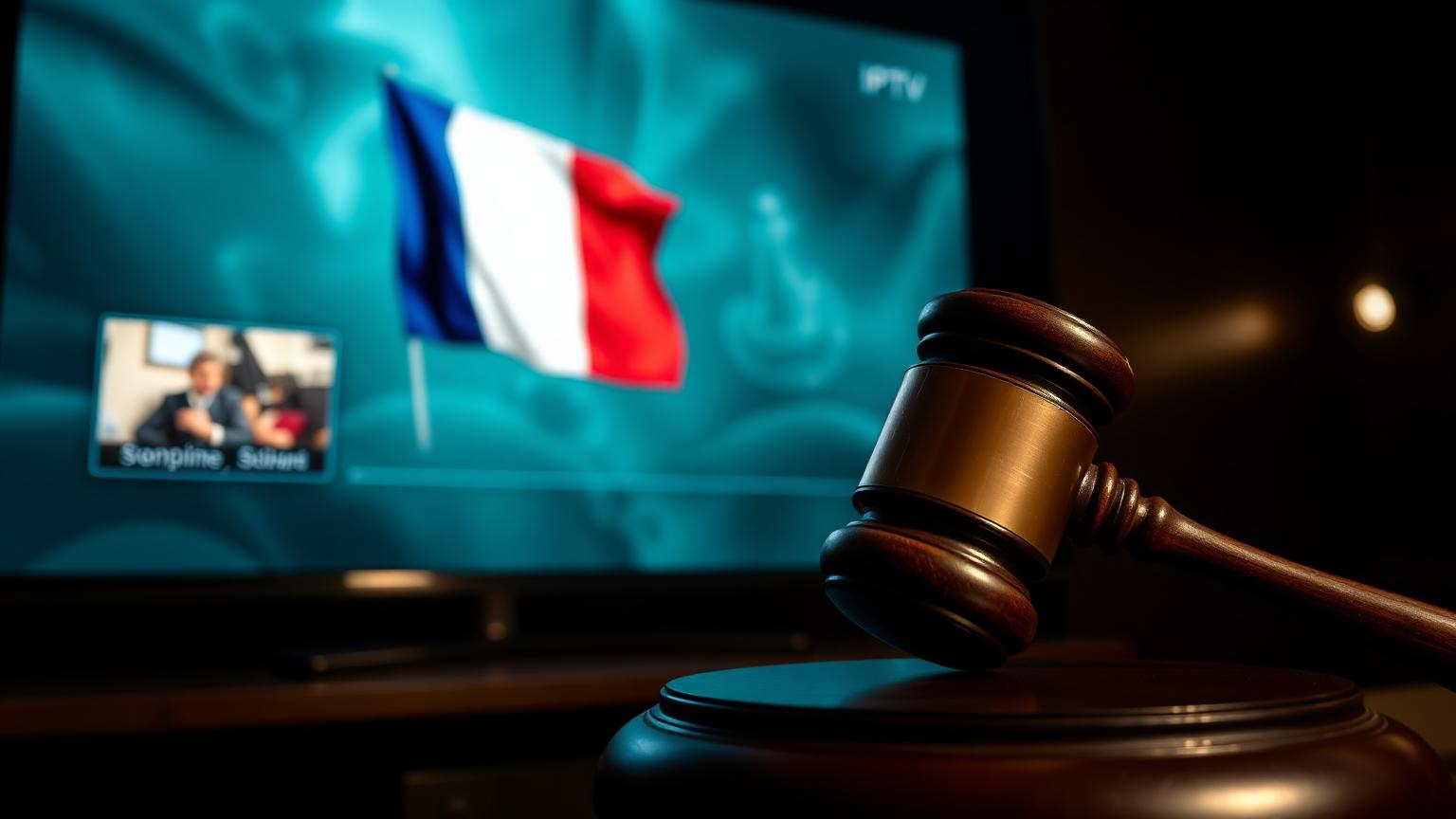 IPTV légal en France en 2026 — drapeau français, marteau de justice et écran de streaming