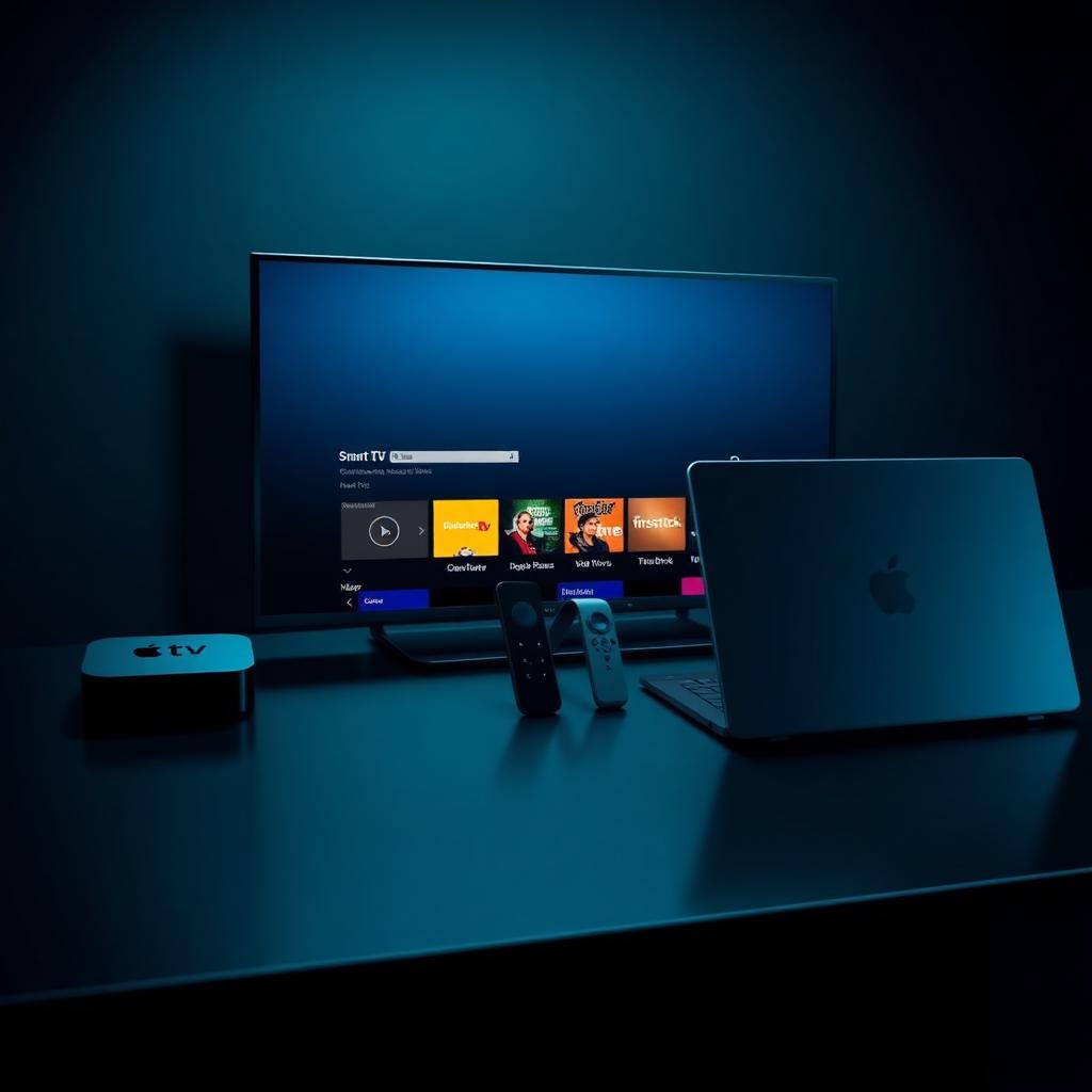 Apple TV, Samsung Smart TV, Firestick, iPhone and laptop arranged together showing IPTV apps that work as TiviMate alternatives