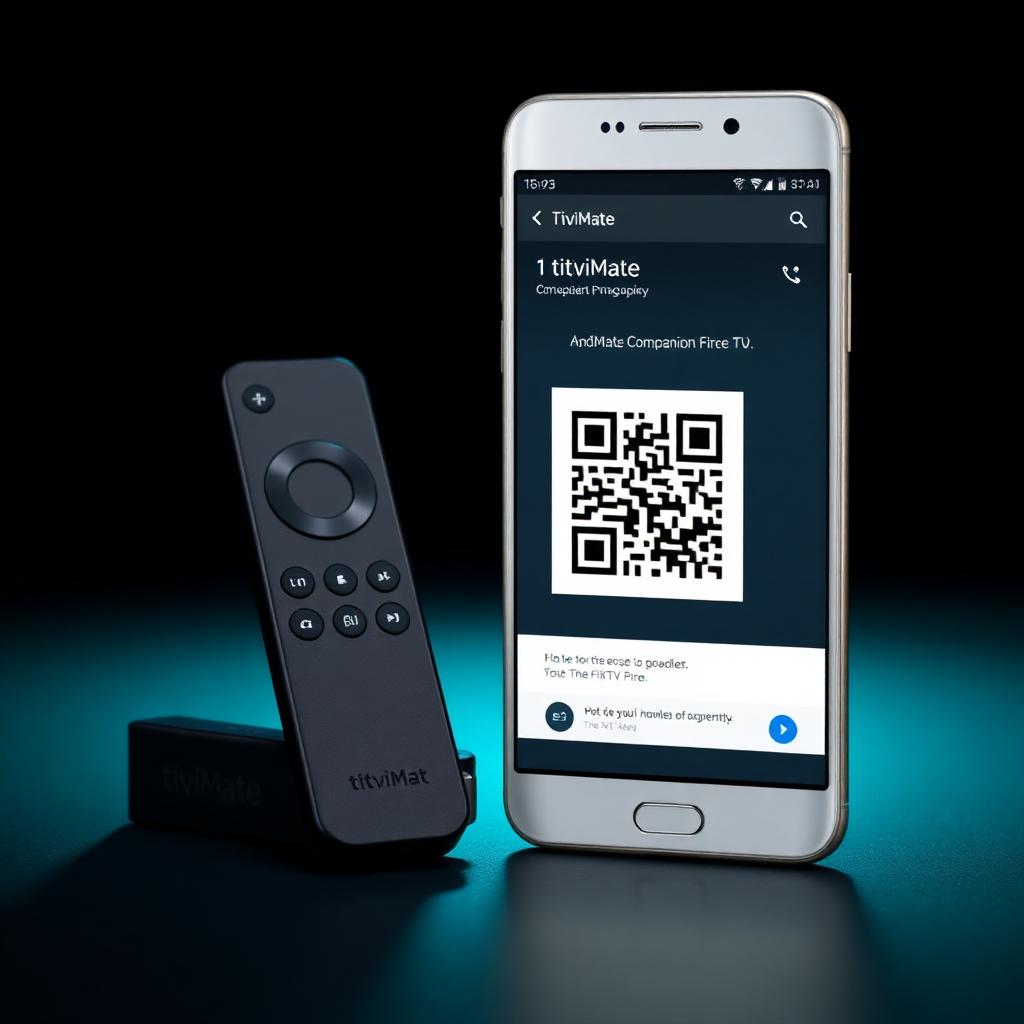 Android phone showing TiviMate Companion app with QR code beside a Fire TV Stick remote
