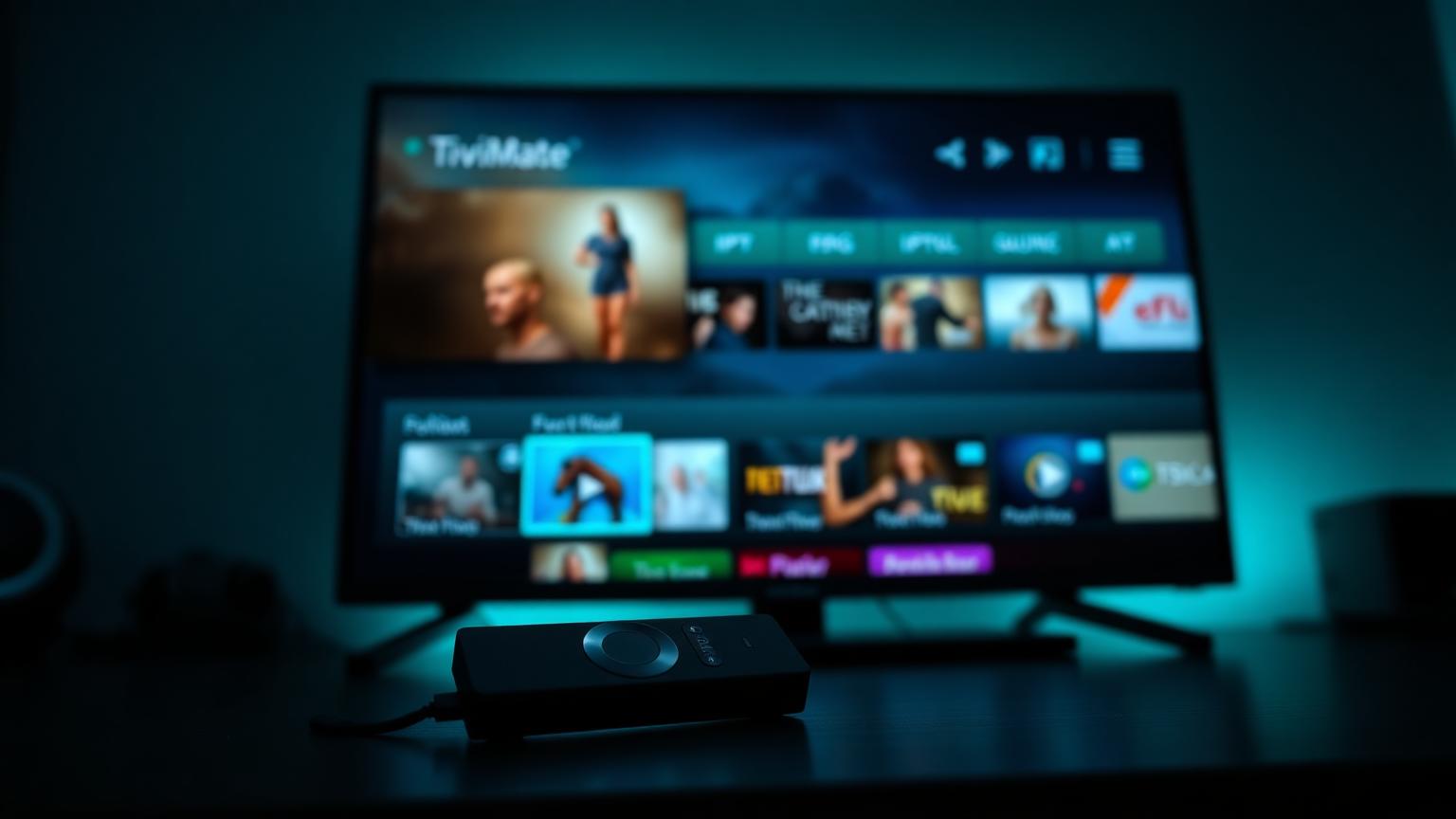 Amazon Fire TV Stick in front of a TV running the TiviMate IPTV player