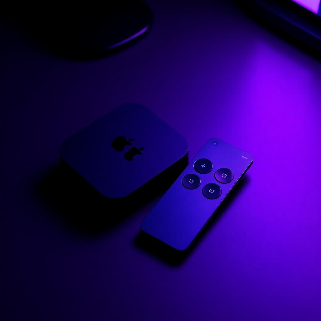 Apple TV 4K with Siri Remote on a dark surface lit by cyan and purple ambient light