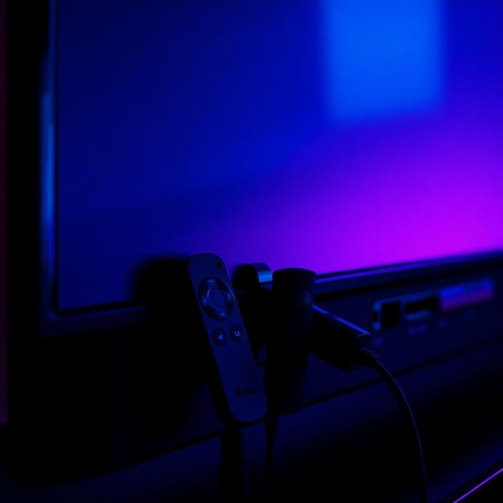 Roku and Fire Stick streaming devices plugged into the back of a TV with cyan and purple ambient lighting