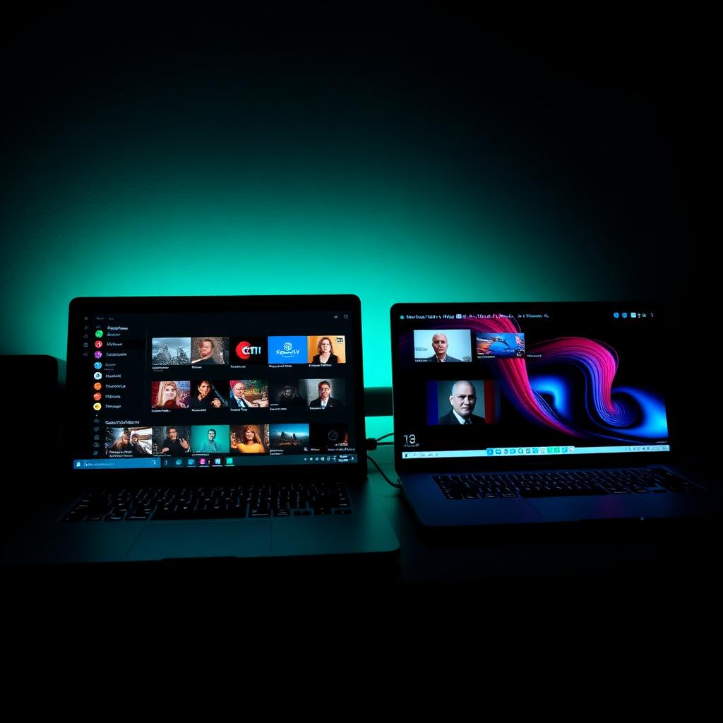 Windows laptop and MacBook side by side showing IPTV channel grid interface with teal glow