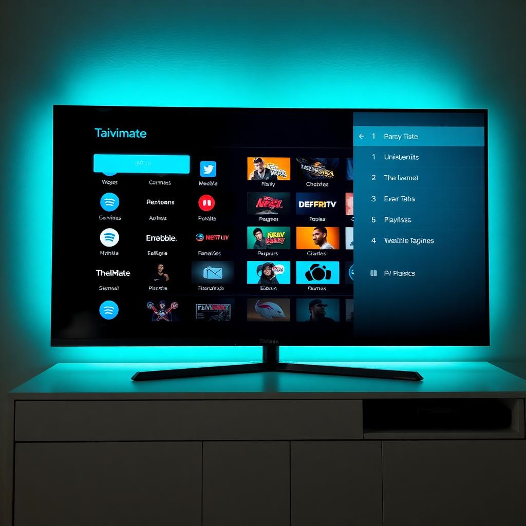 TV screen showing TiviMate channel grid with the playlists side menu open