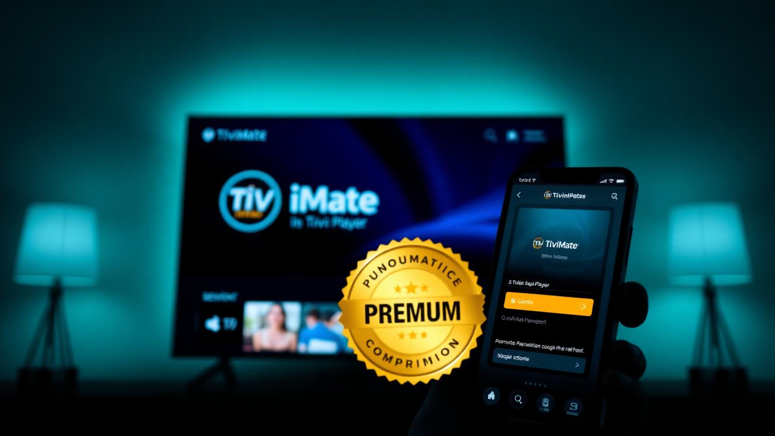 TV showing TiviMate Premium interface with smartphone running TiviMate Companion app