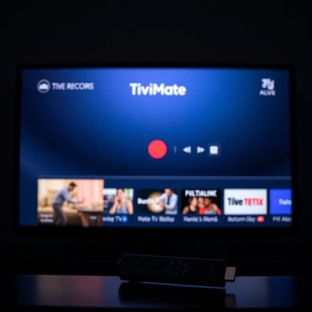 TV screen showing TiviMate recording interface with a red record indicator, Fire TV stick and USB drive visible
