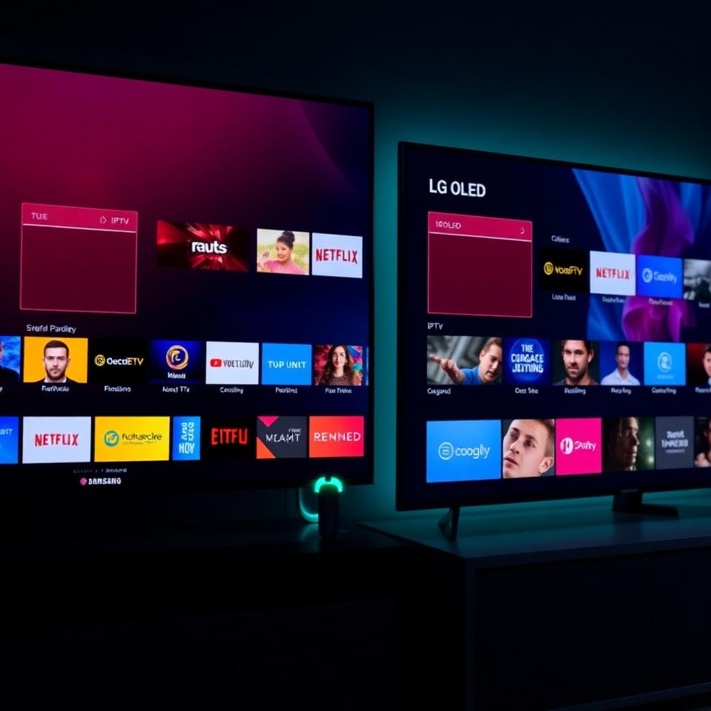 Samsung QLED and LG OLED TVs side by side with a Fire TV Stick plugged into HDMI glowing teal