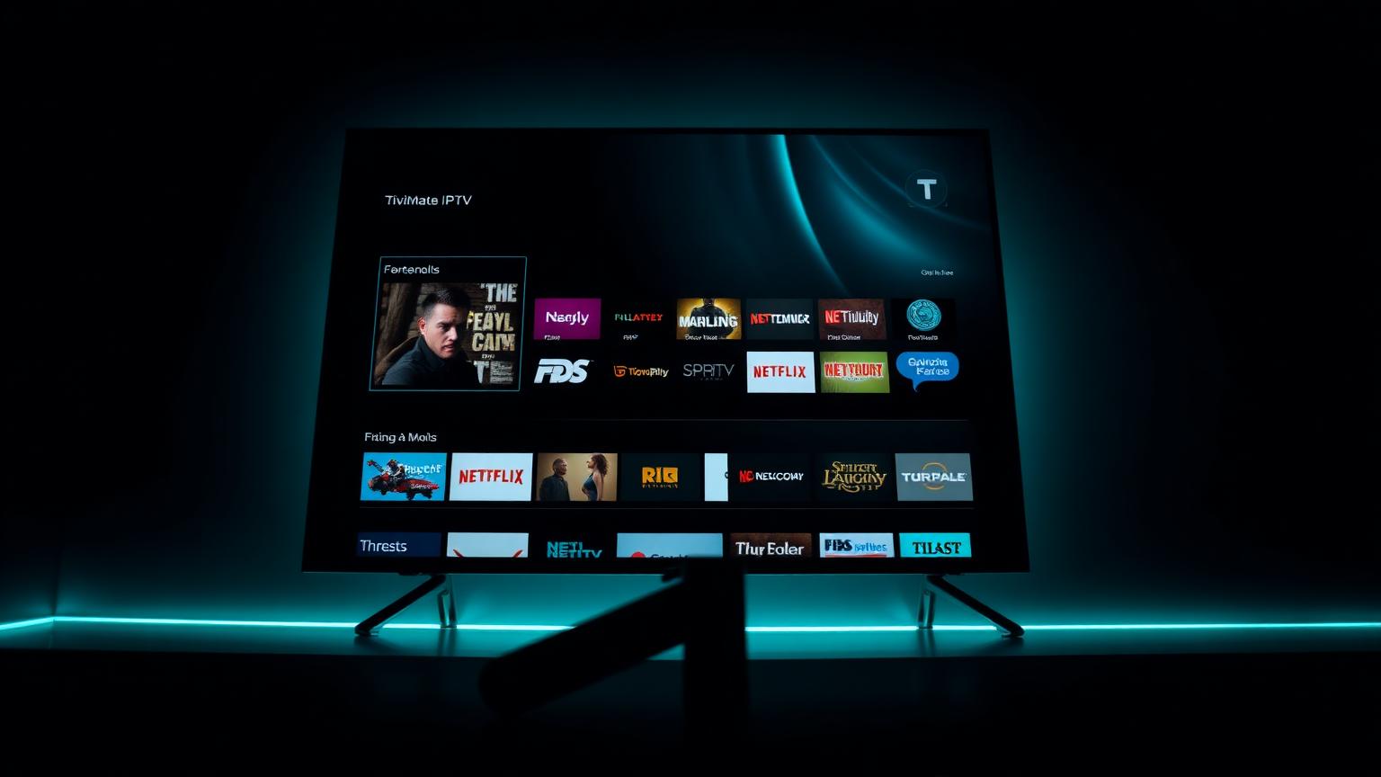 TV screen running the TiviMate IPTV player with channel grid, Fire TV stick in front